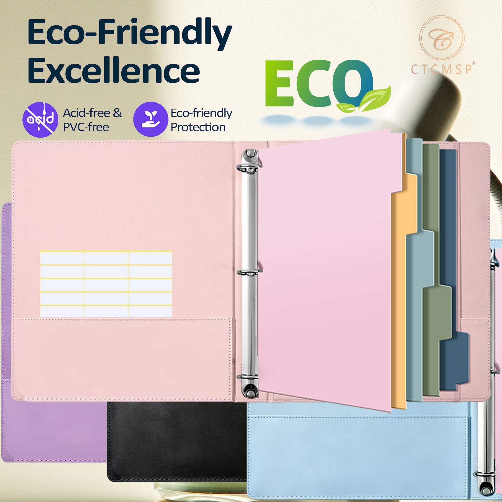 CTCMSP 3 Ring Binder with Dividers Tab Fits 200 Sheets of 8.5x11 Paper,1 Inch Durable Heavy Duty,Customizable Clear Cover with Inside Pockets