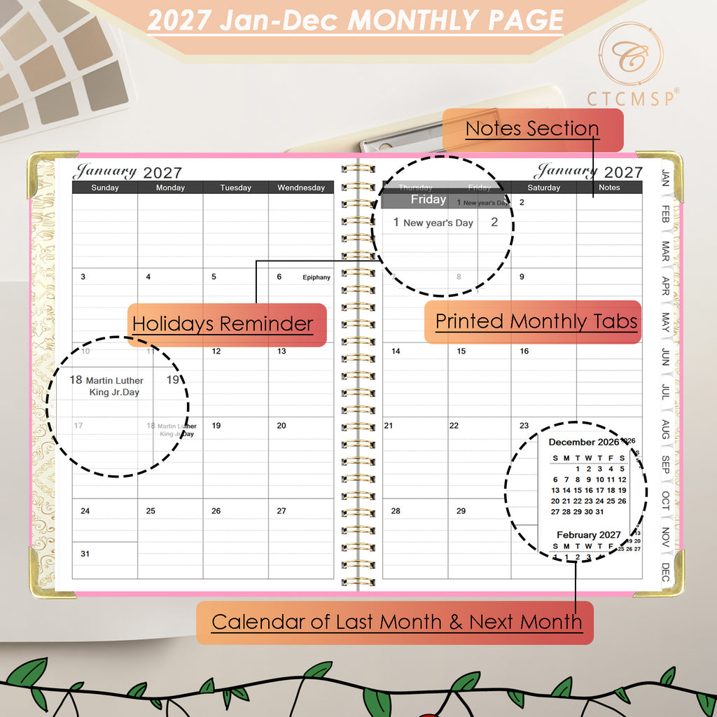 CTCMSP 2027 Planner Weekly Monthly Planner Calendar Notebook(Jan-Dec.2027,6.3"x8.5")Hardcover Daily Agenda Planner 2027 for Office,Home,Schedule,Academic Supplies
