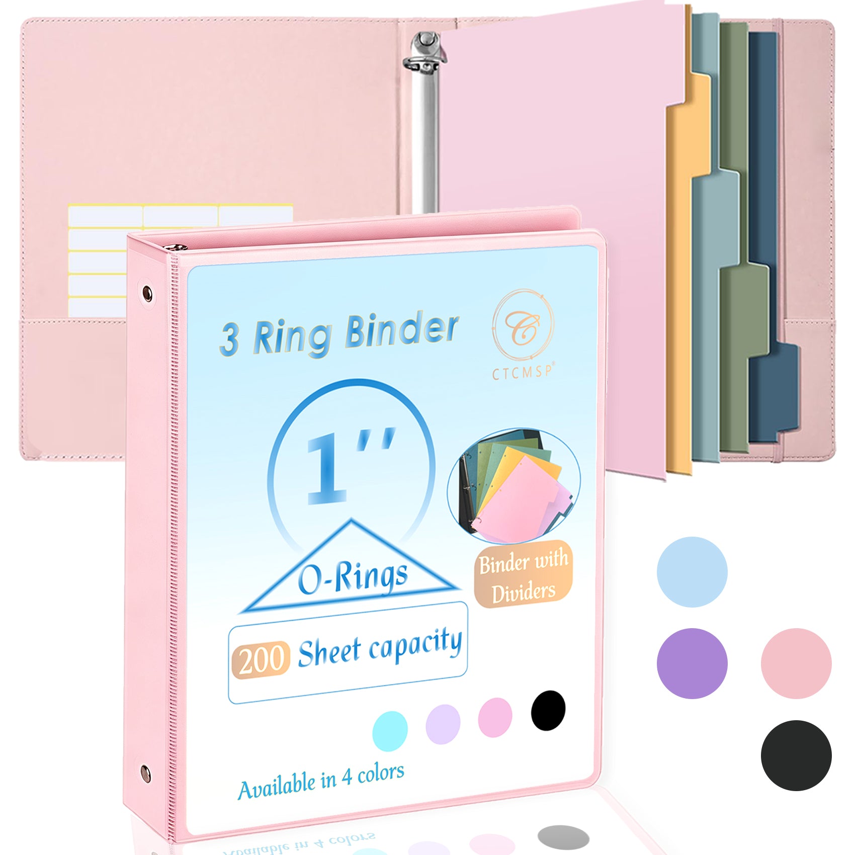CTCMSP 3 Ring Binder with Dividers Tab Fits 200 Sheets of 8.5x11 Paper,1 Inch Durable Heavy Duty,Customizable Clear Cover with Inside Pockets