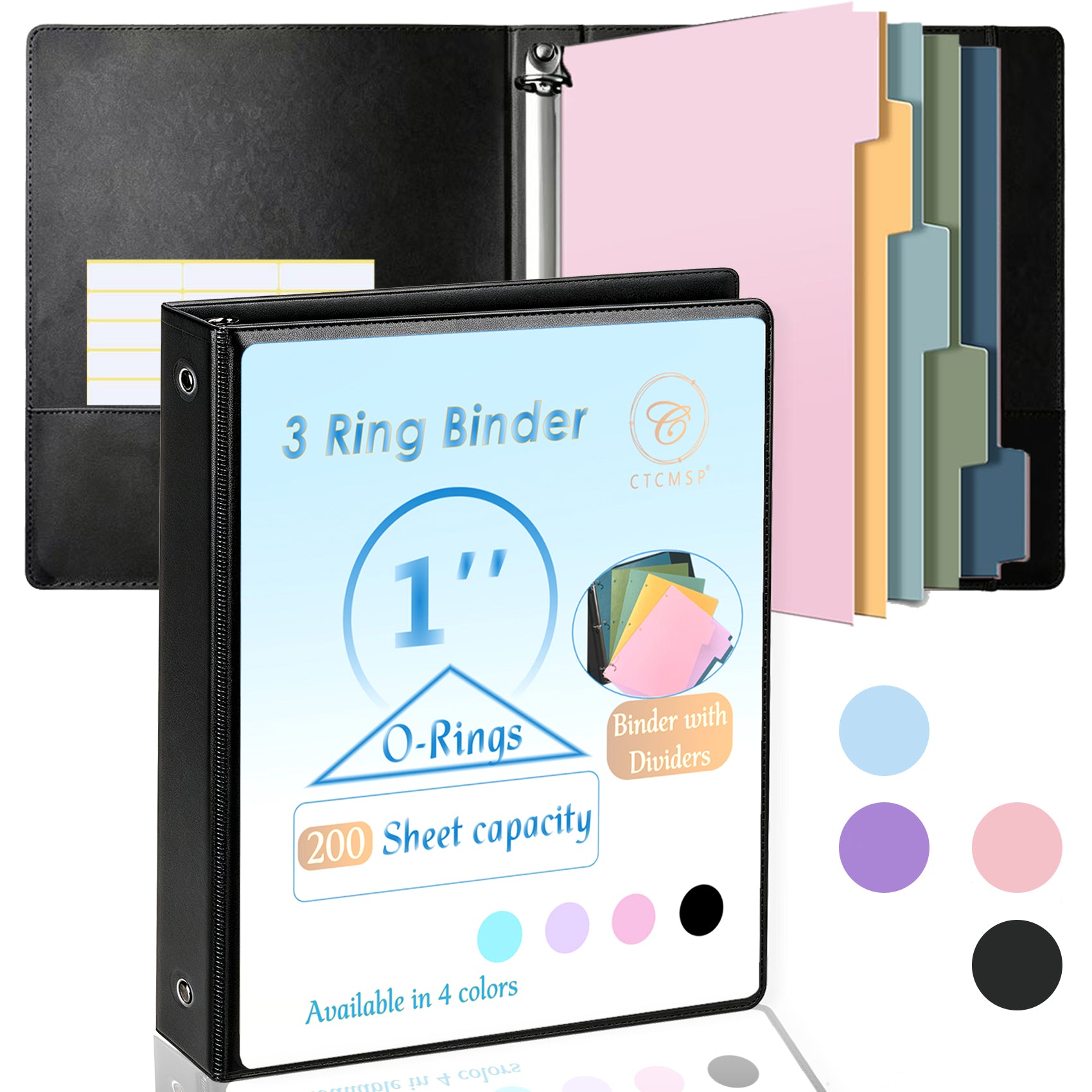 CTCMSP 3 Ring Binder with Dividers Tab Fits 200 Sheets of 8.5x11 Paper,1 Inch Durable Heavy Duty,Customizable Clear Cover with Inside Pockets