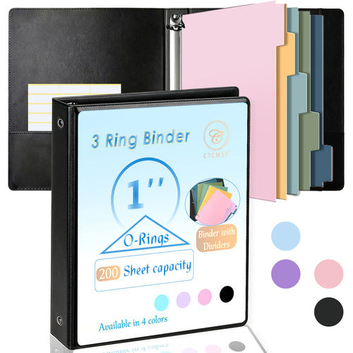 CTCMSP 3 Ring Binder with Dividers Tab Fits 200 Sheets of 8.5x11 Paper,1 Inch Durable Heavy Duty,Customizable Clear Cover with Inside Pockets