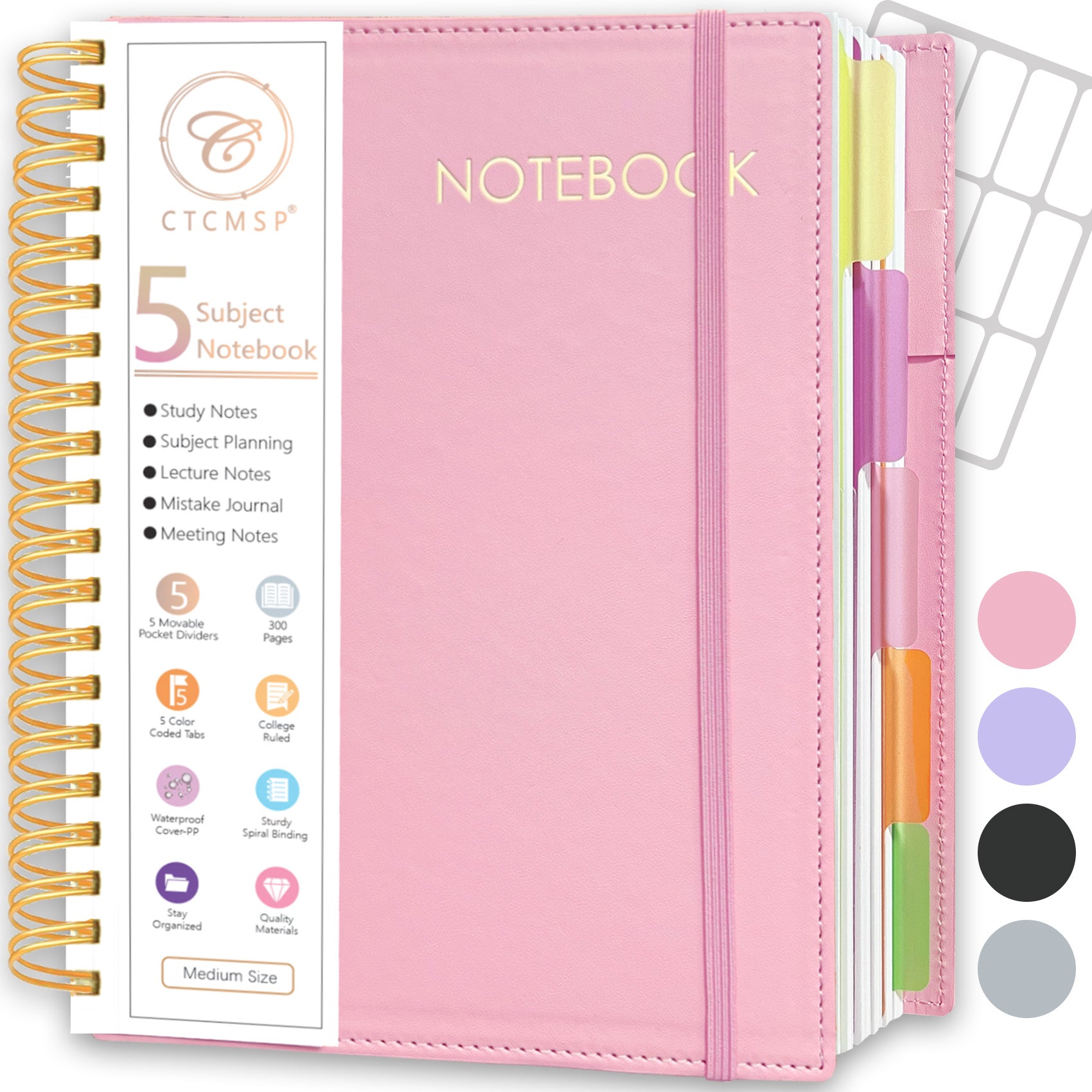 CTCMSP 5 Subject Spiral Notebook,Leather Hardcover Notebook with Removable Dividers Tabs,College Ruled Organizer Notebooks for Work Study Office Academic Supplies,300Pages
