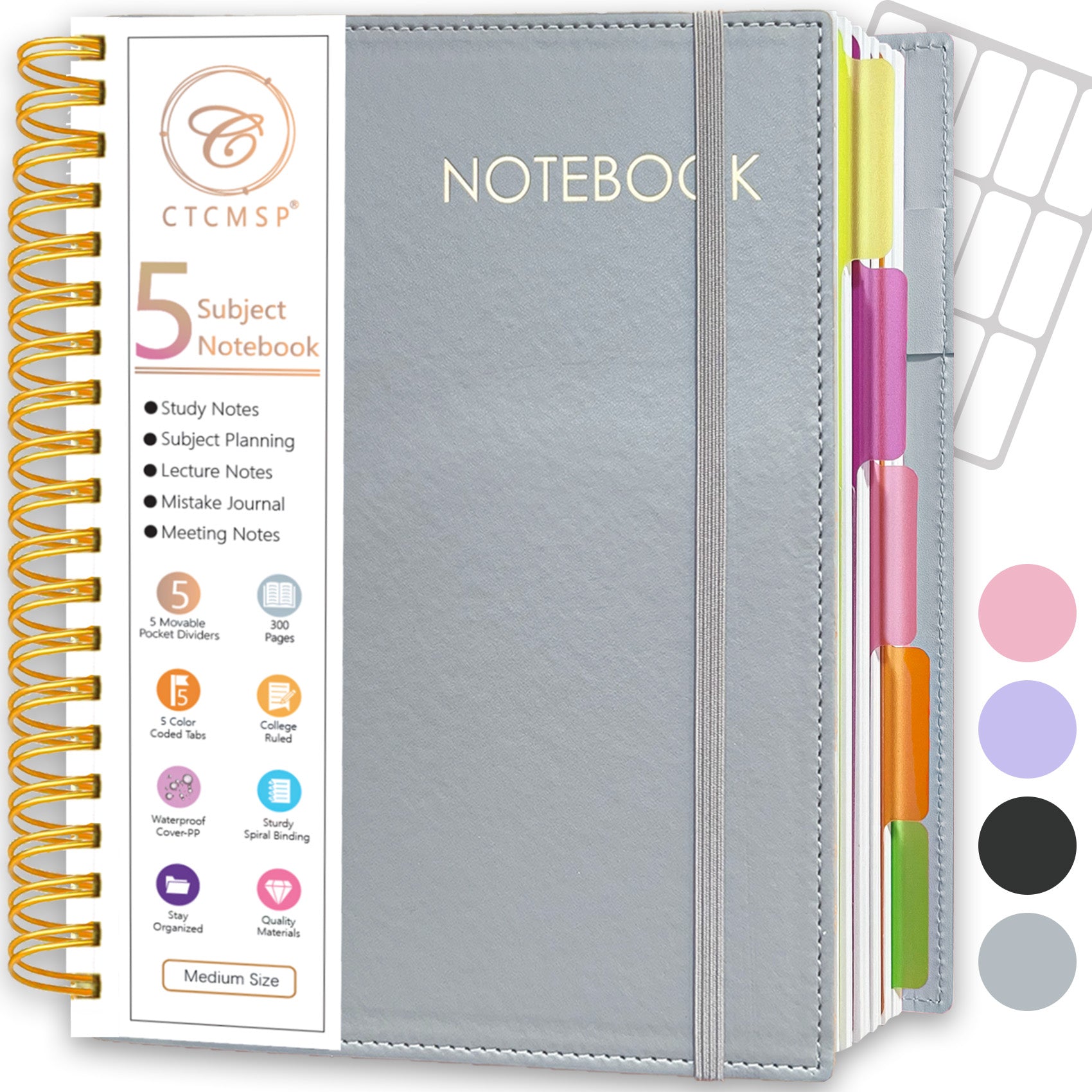 CTCMSP 5 Subject Spiral Notebook,Leather Hardcover Notebook with Removable Dividers Tabs,College Ruled Organizer Notebooks for Work Study Office Academic Supplies,300Pages