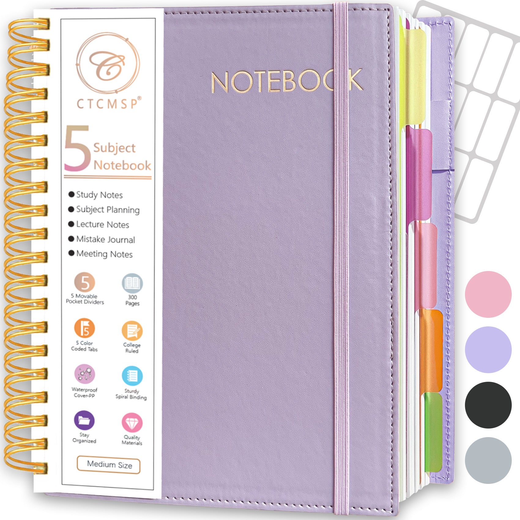 CTCMSP 5 Subject Spiral Notebook,Leather Hardcover Notebook with Removable Dividers Tabs,College Ruled Organizer Notebooks for Work Study Office Academic Supplies,300Pages