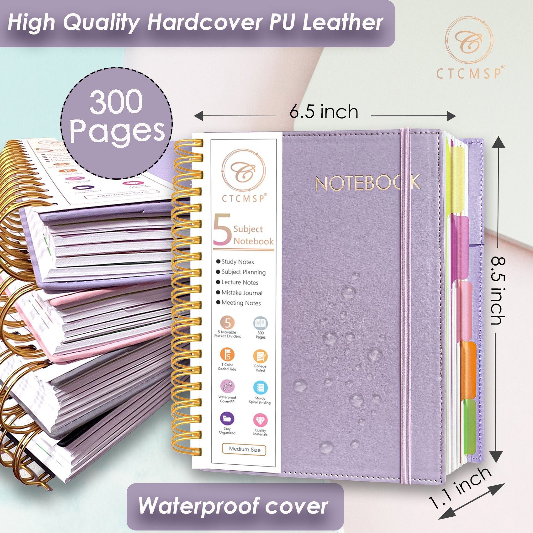 CTCMSP 5 Subject Spiral Notebook,Leather Hardcover Notebook with Removable Dividers Tabs,College Ruled Organizer Notebooks for Work Study Office Academic Supplies,300Pages