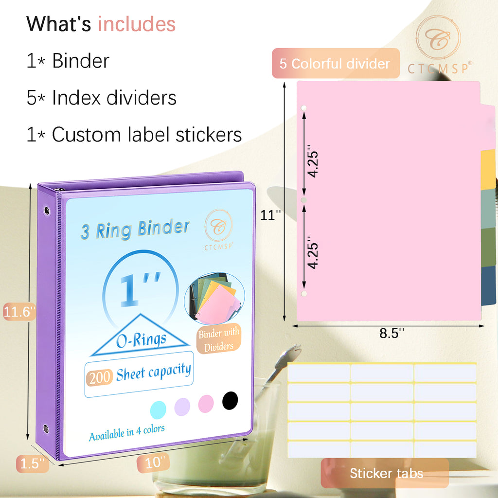 CTCMSP 3 Ring Binder with Dividers Tab Fits 200 Sheets of 8.5x11 Paper,1 Inch Durable Heavy Duty,Customizable Clear Cover with Inside Pockets