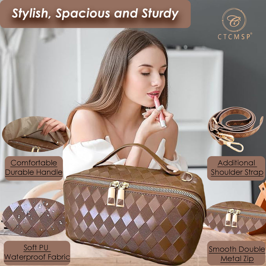 2 in 1 Crossbody Makeup Bag for Women Men,Spacious Leather Cosmetic Bag for Travel Zipper Pouch Gifts