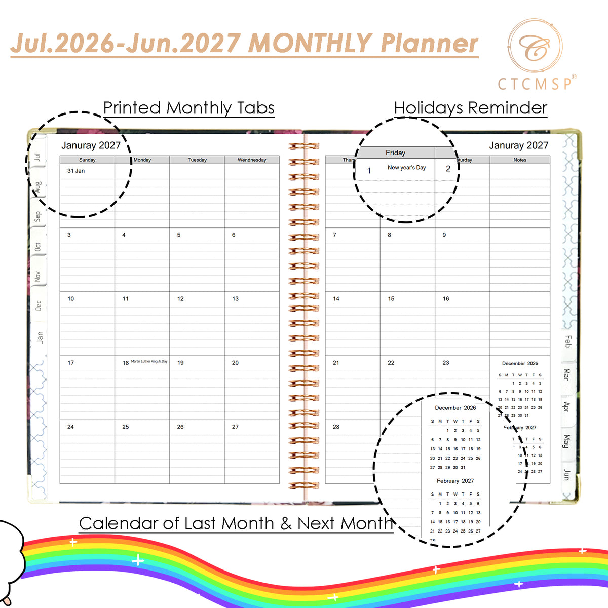 Planner 2026-2027 Calendar Notebook(Jul.2026-Jun.2027,6.3"x8.5") Weekly Monthly Planner for Women Men 2026-2027 Planner Supplies-Flower