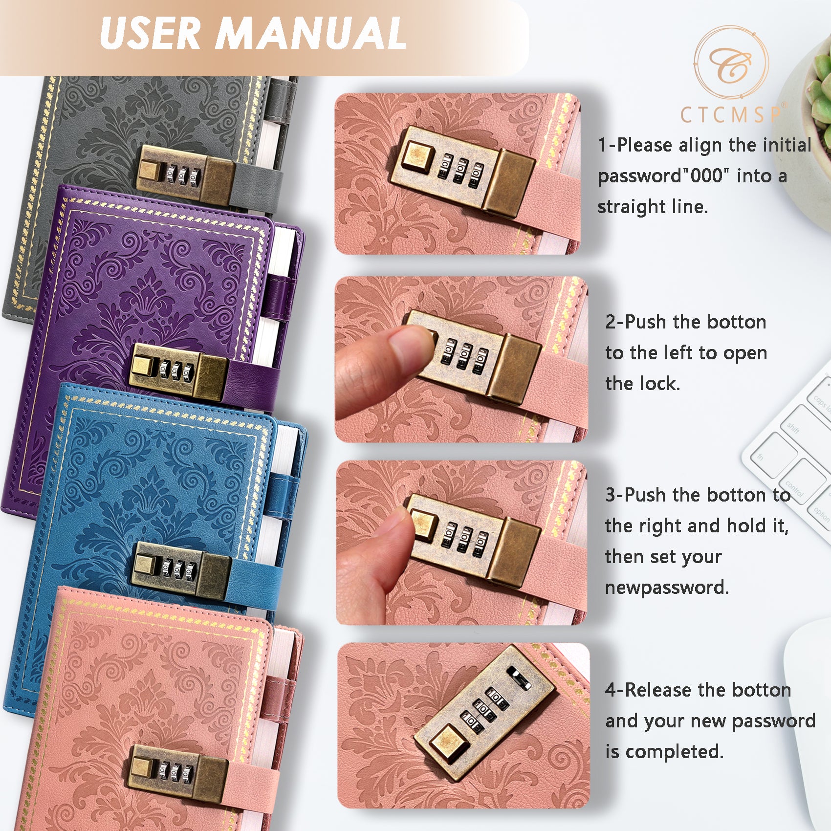 CTCMSP Diary Password Notebook with Lock,Vintage Refillable Personal Secret Locked Leather Journal for Writing Gift,6.3"x8.5"
