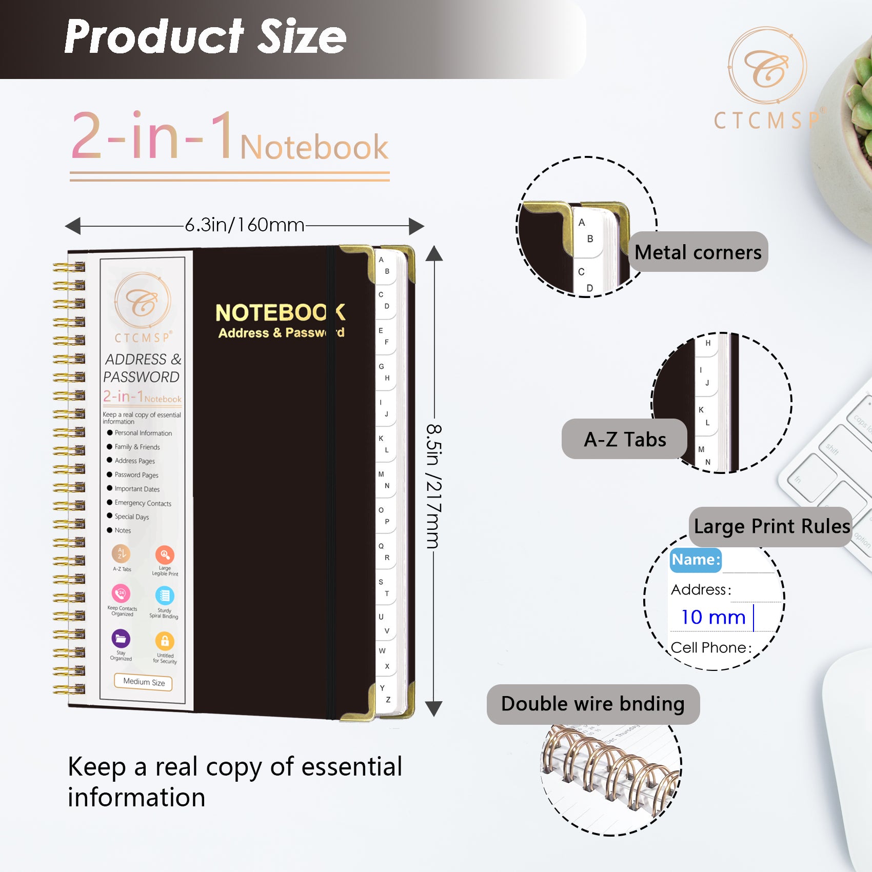 CTCMSP Spiral Address Password Book with Alphabetical Tabs,Large Print Hardcover Notebook,6.3"×8.5"