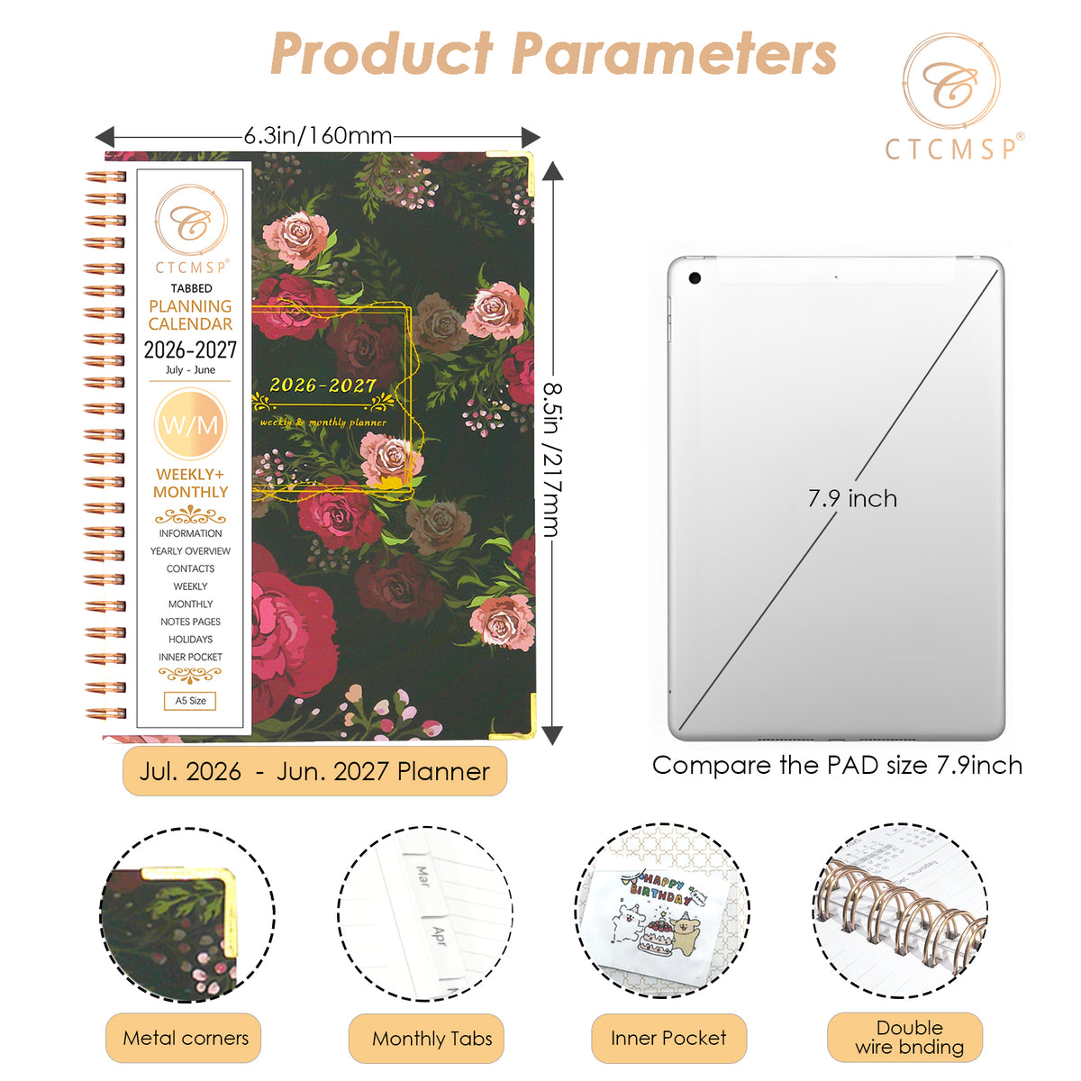 Planner 2026-2027 Calendar Notebook(Jul.2026-Jun.2027,6.3"x8.5") Weekly Monthly Planner for Women Men 2026-2027 Planner Supplies-Flower