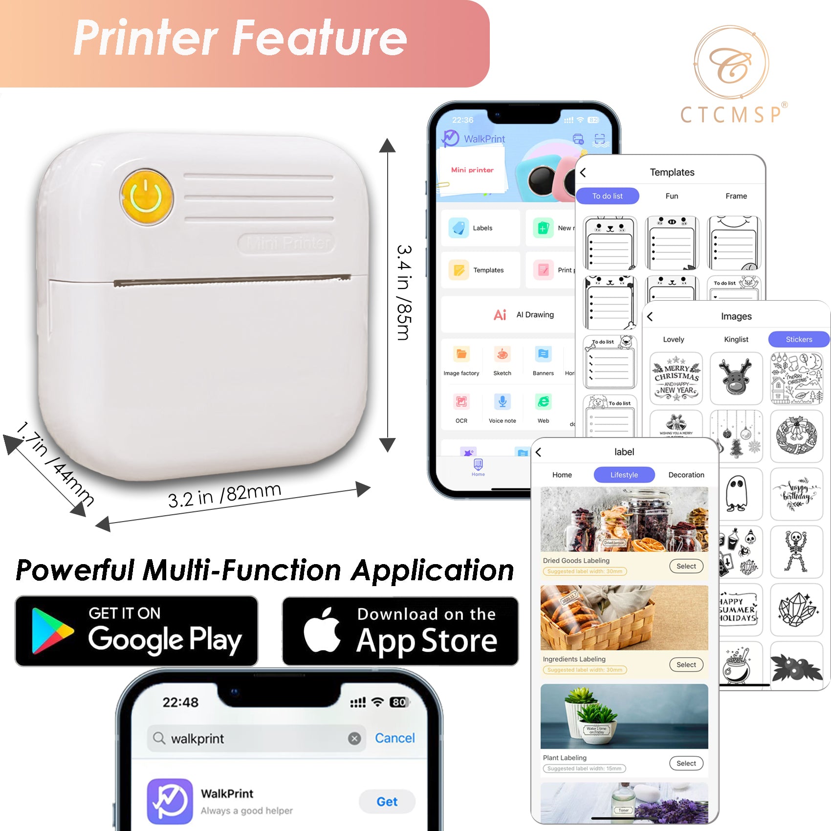CTCMSP Sticker Printer Label Maker Machine,Bluetooth Inkless Printpods,Thermal Sticker Printer Perfect for Photos,Creative DIY,Study Notes,Pictures,Gift Supplies