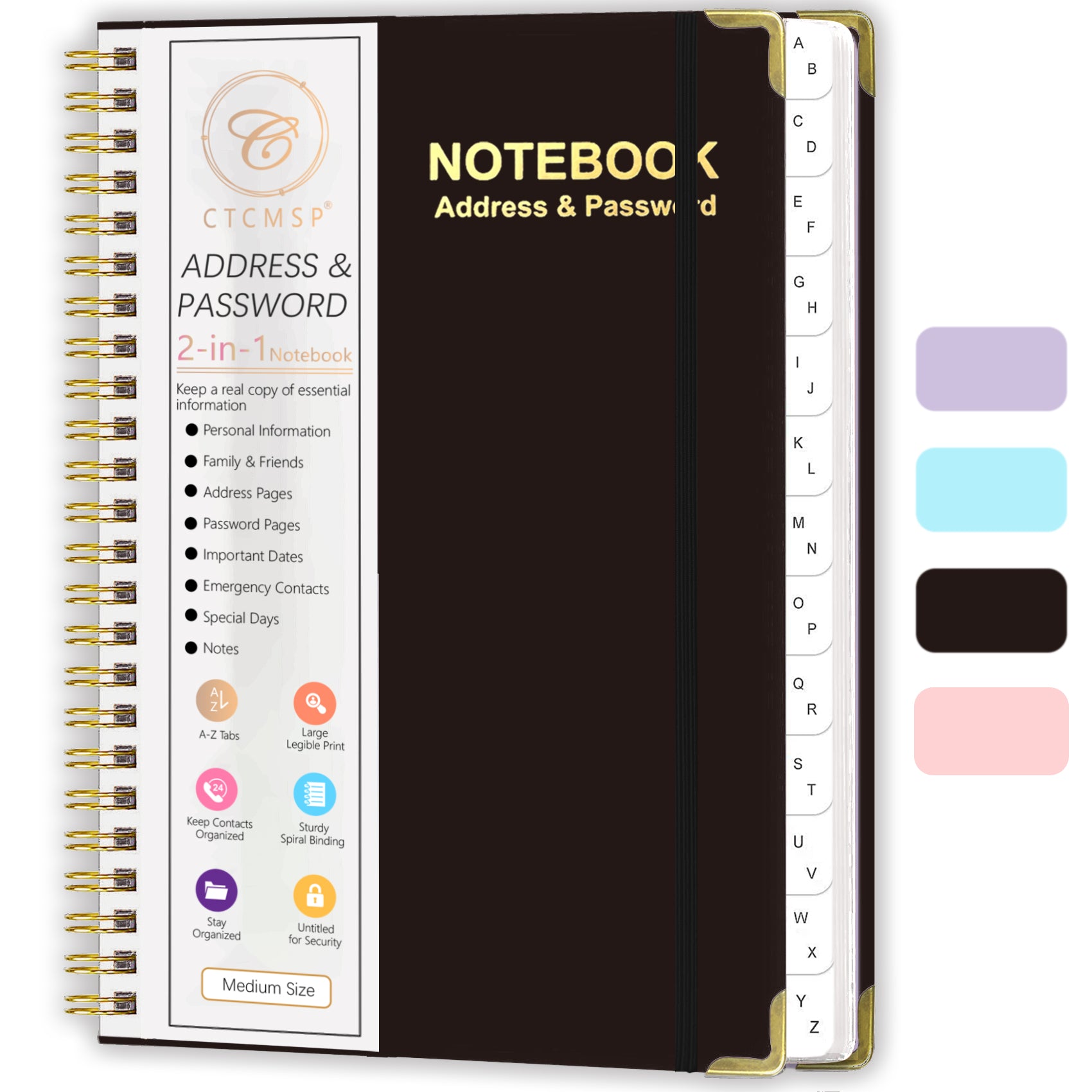 CTCMSP Spiral Address Password Book with Alphabetical Tabs,Large Print Hardcover Notebook,6.3"×8.5"