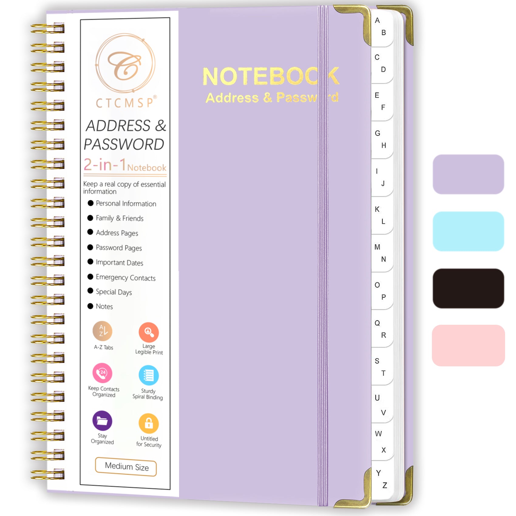 CTCMSP Spiral Address Password Book with Alphabetical Tabs,Large Print Hardcover Notebook,6.3"×8.5"