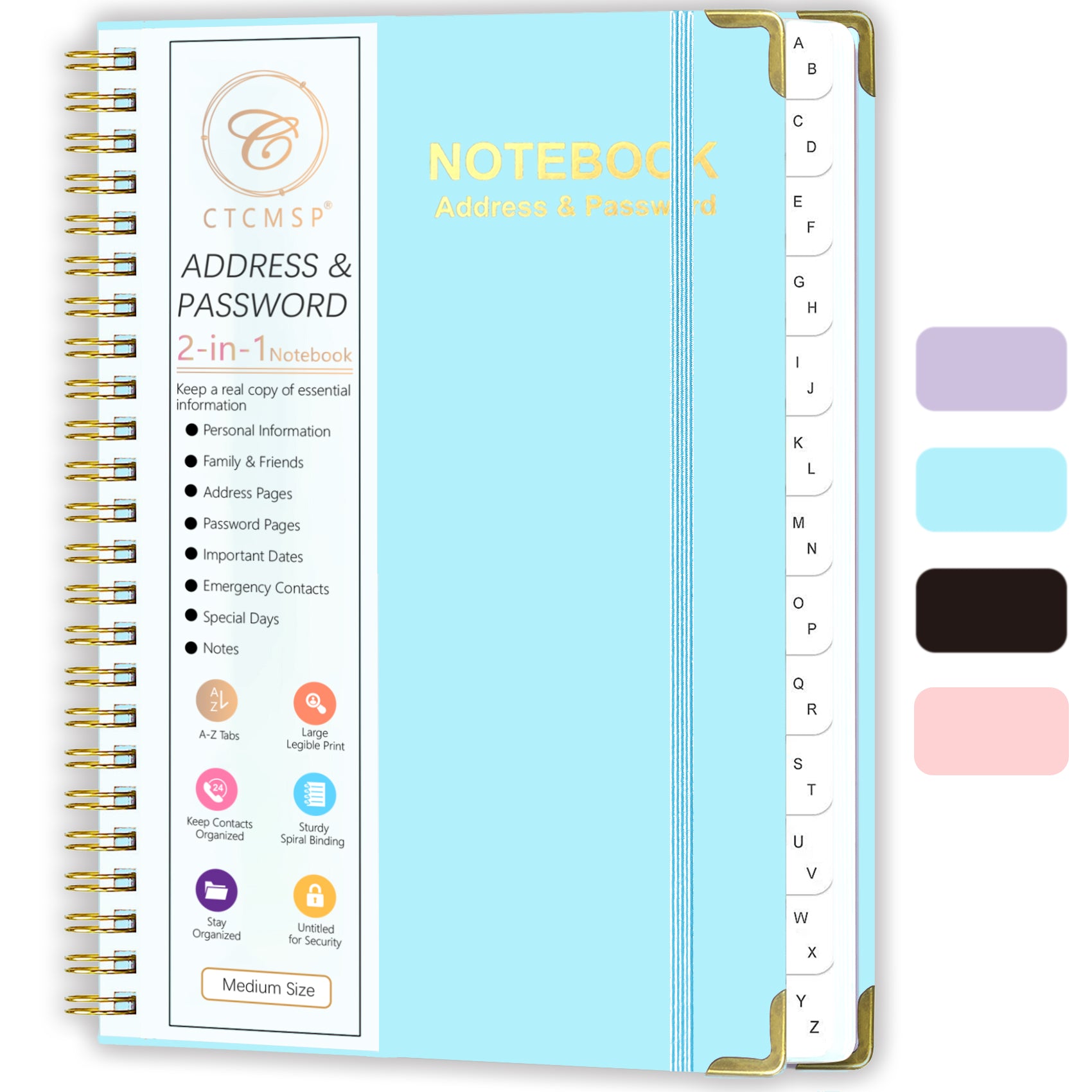 CTCMSP Spiral Address Password Book with Alphabetical Tabs,Large Print Hardcover Notebook,6.3"×8.5"