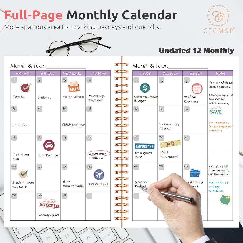CTCMSP Hardcover Budget Planner-Monthly Budget Book with Expense Tracker Spiral Notebook,Undated 12 Month Bill Organizer & Finance Planner to Manage Your Money