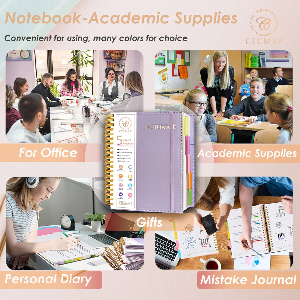 CTCMSP 5 Subject Spiral Notebook,Leather Hardcover Notebook with Removable Dividers Tabs,College Ruled Organizer Notebooks for Work Study Office Academic Supplies,300Pages