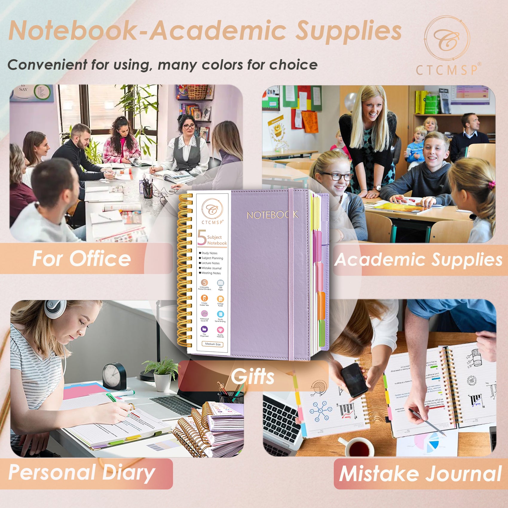 CTCMSP 5 Subject Spiral Notebook,Leather Hardcover Notebook with Removable Dividers Tabs,College Ruled Organizer Notebooks for Work Study Office Academic Supplies,300Pages
