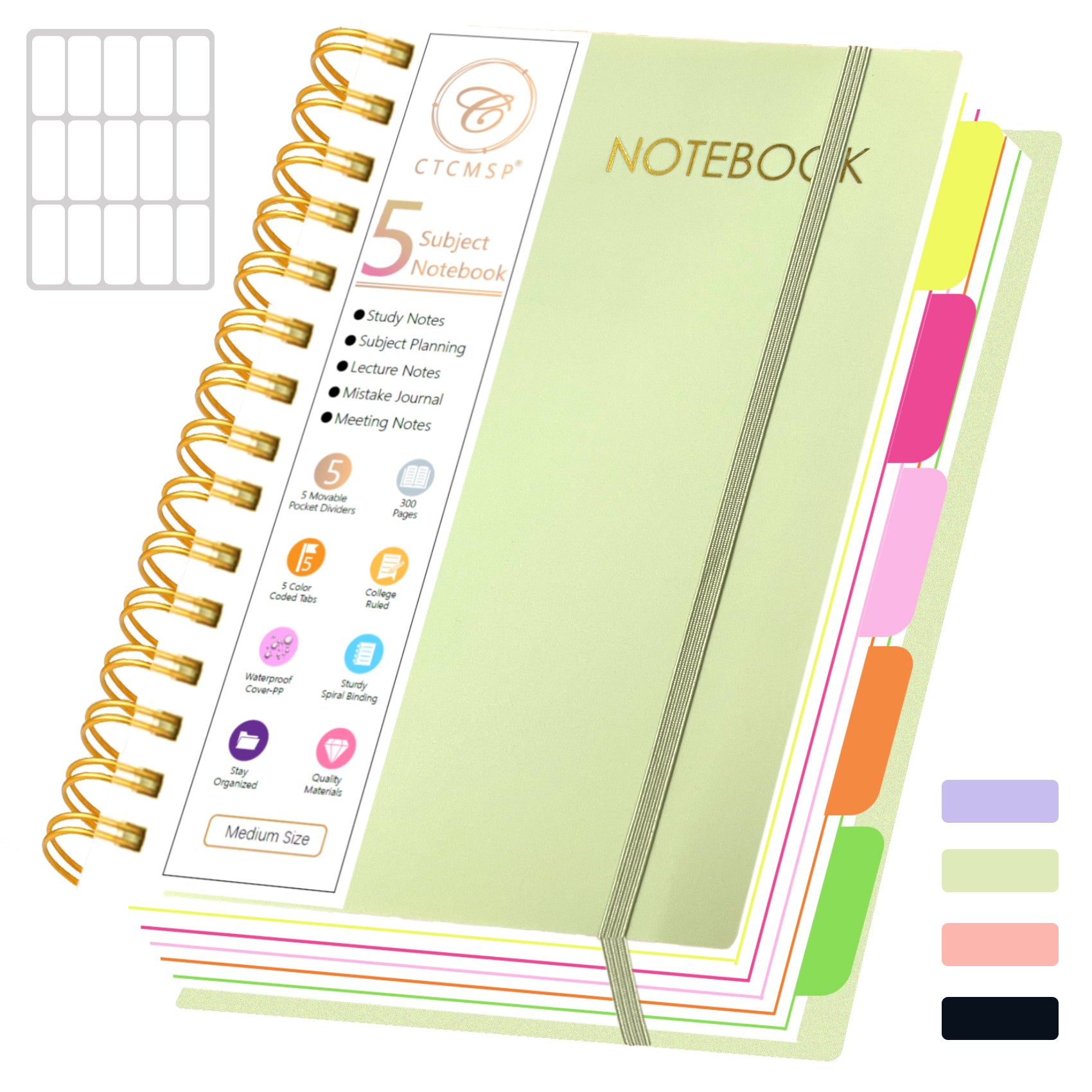 5 Subject Spiral Notebook with Removable Dividers Tabs Hardcover Notebook Journal for Women Men,Perfect for Academic Supplies,College Ruled,300 Pages