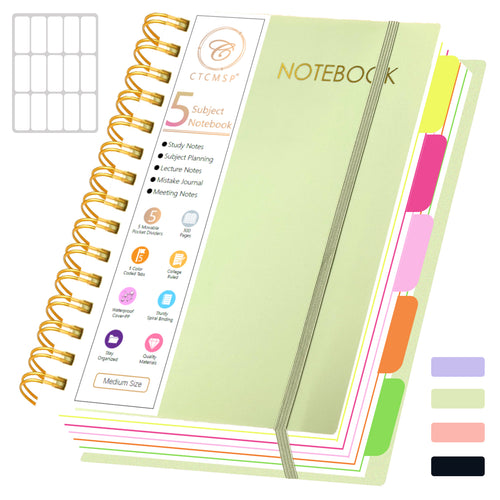 5 Subject Spiral Notebook with Removable Dividers Tabs Hardcover Notebook Journal for Women Men,Perfect for Academic Supplies,College Ruled,300 Pages