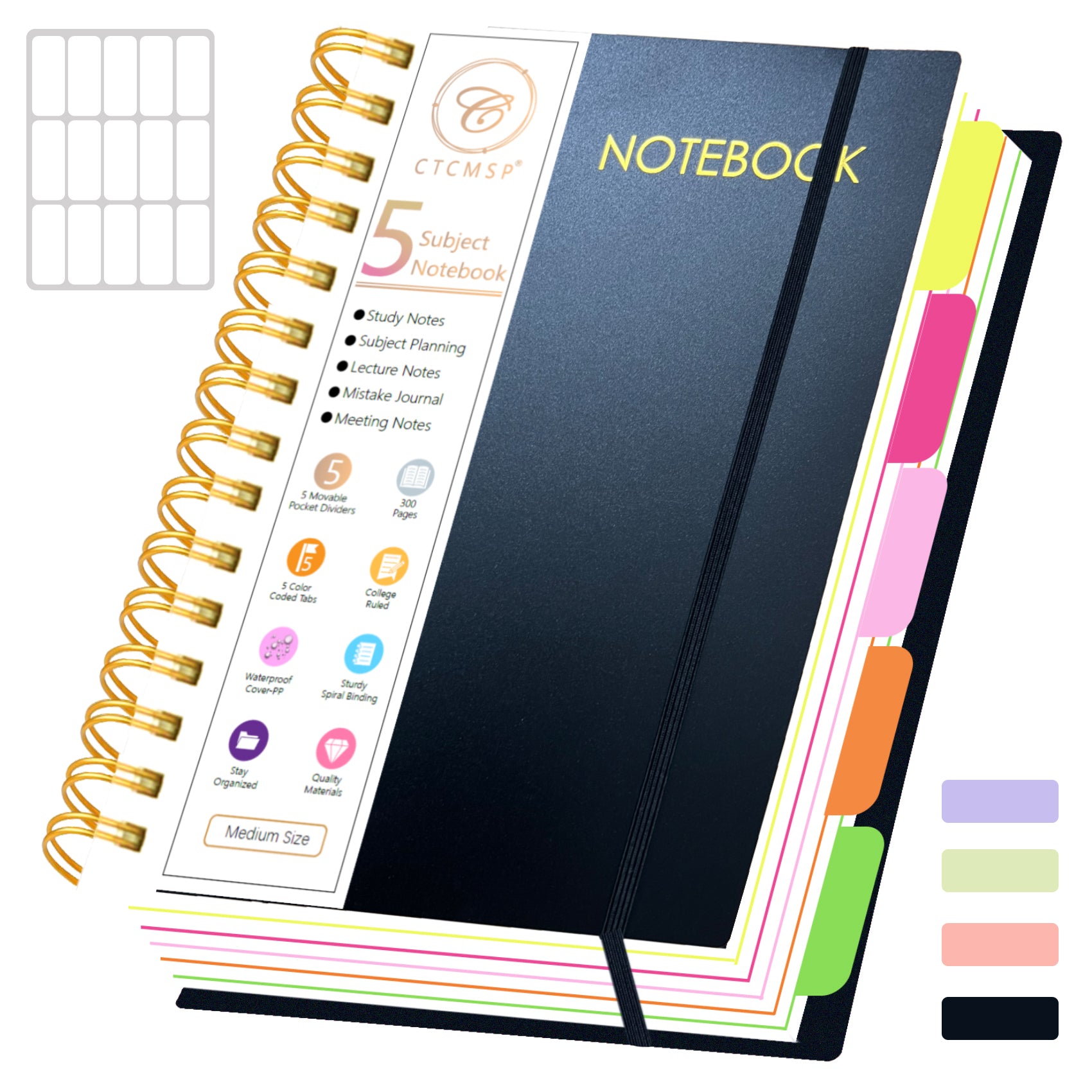 5 Subject Spiral Notebook with Removable Dividers Tabs Hardcover Notebook Journal for Women Men,Perfect for Academic Supplies,College Ruled,300 Pages